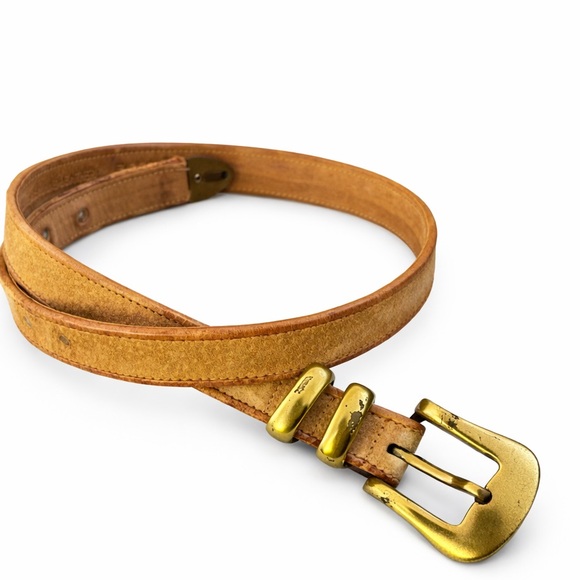 Vintage Accessories - Vintage 90s Jenny & The Boys Tan Genuine Leather Brass Buckle Belt Small